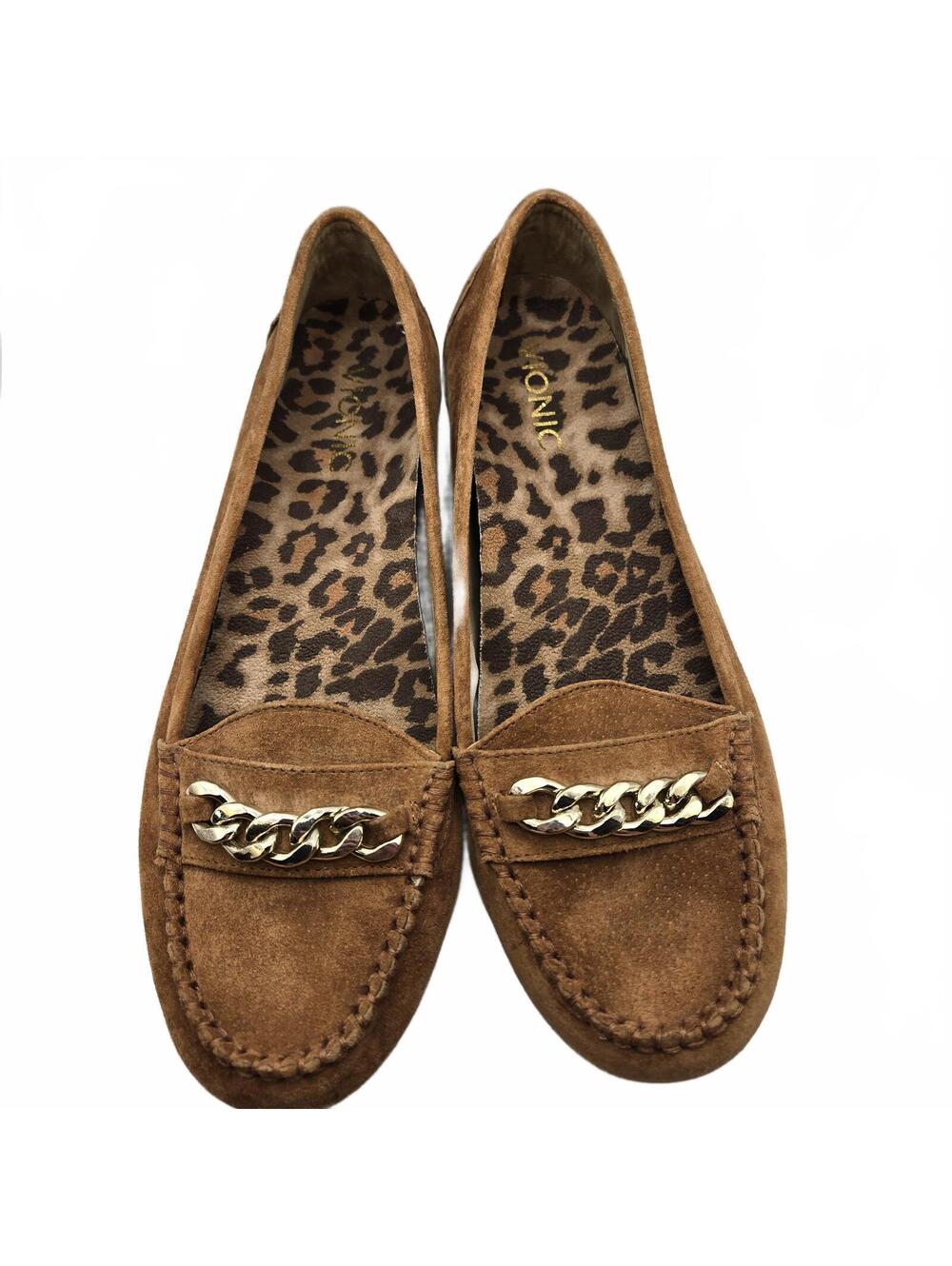 Vionic Mesa Cognac Suede Chain Loafers 9.5 Wide Orthopedic Comfort Flat Shoes - Picture 3 of 7